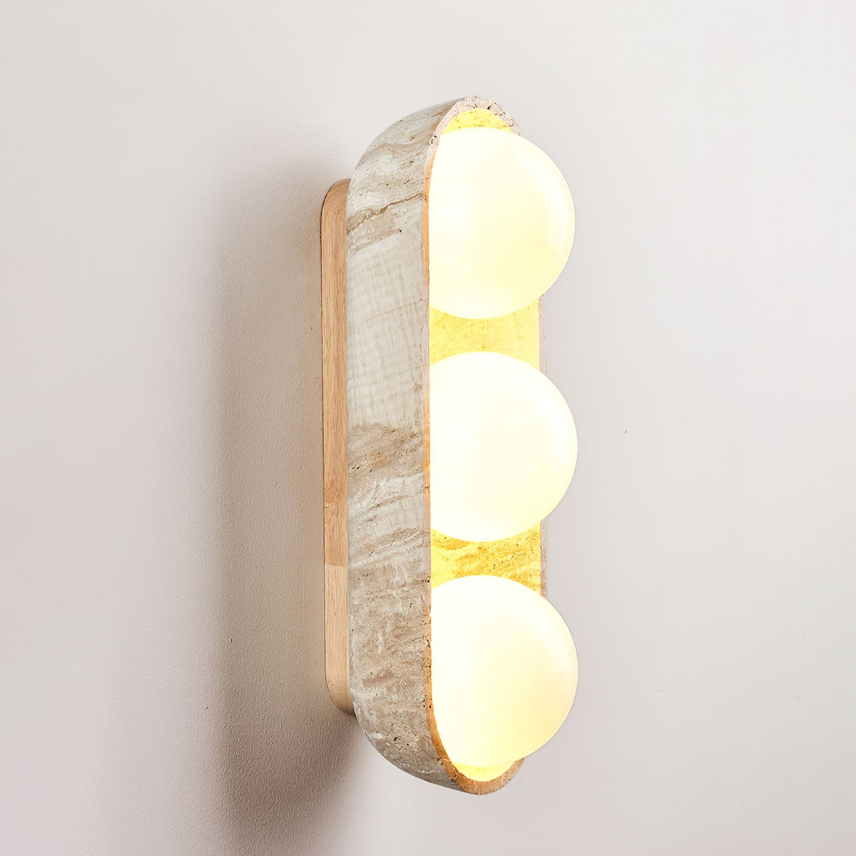 Solstice Trio Wall Sconce in Travertine and Wood – Modern Ambient Lighting