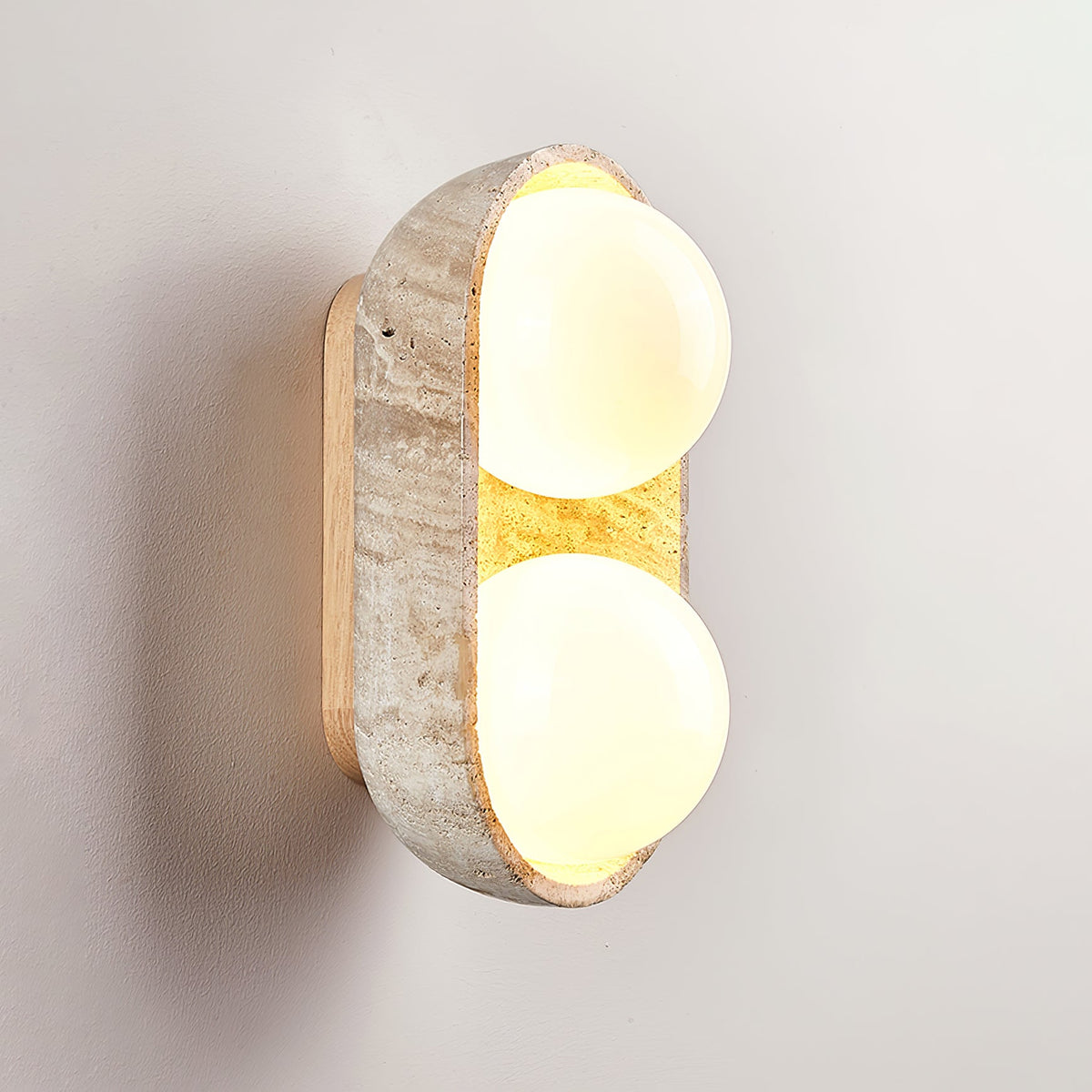 Solstice Trio Wall Sconce in Travertine and Wood – Modern Ambient Lighting