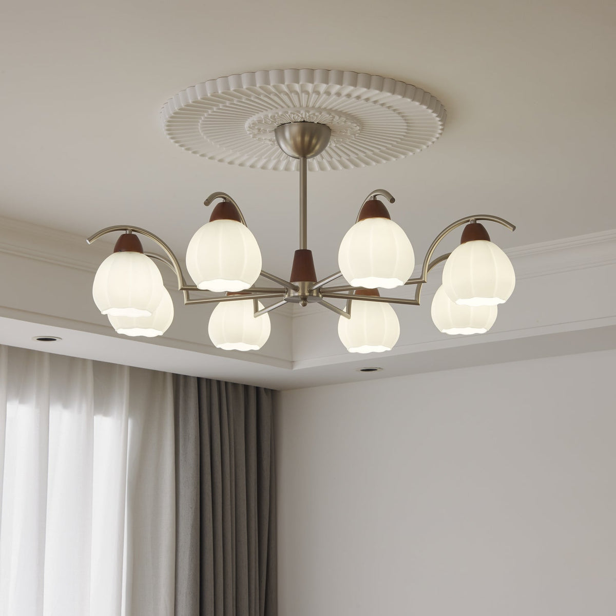 Soluna Bloom Modern Floral Glass Chandelier with Walnut Accents
