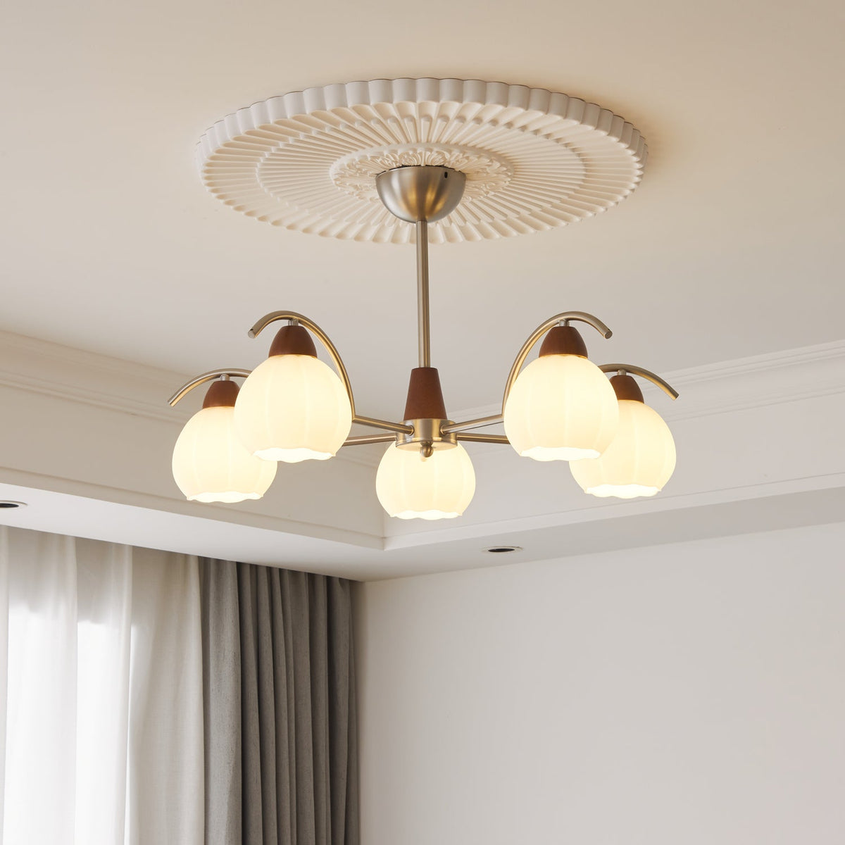 Soluna Bloom Modern Floral Glass Chandelier with Walnut Accents