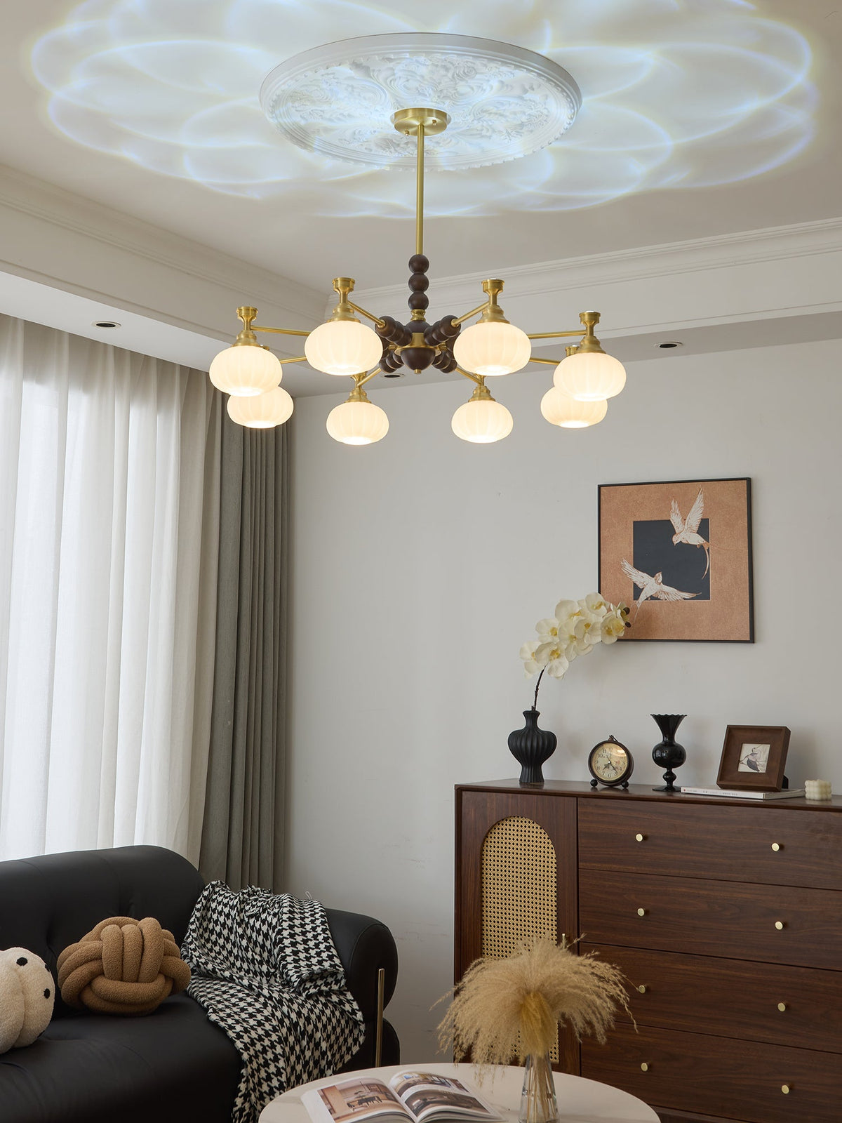 Solviento Modern Brass and Wood Chandelier with Glass Globes