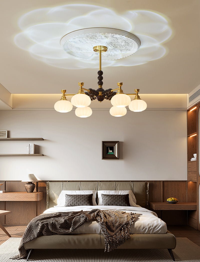 Solviento Modern Brass and Wood Chandelier with Glass Globes