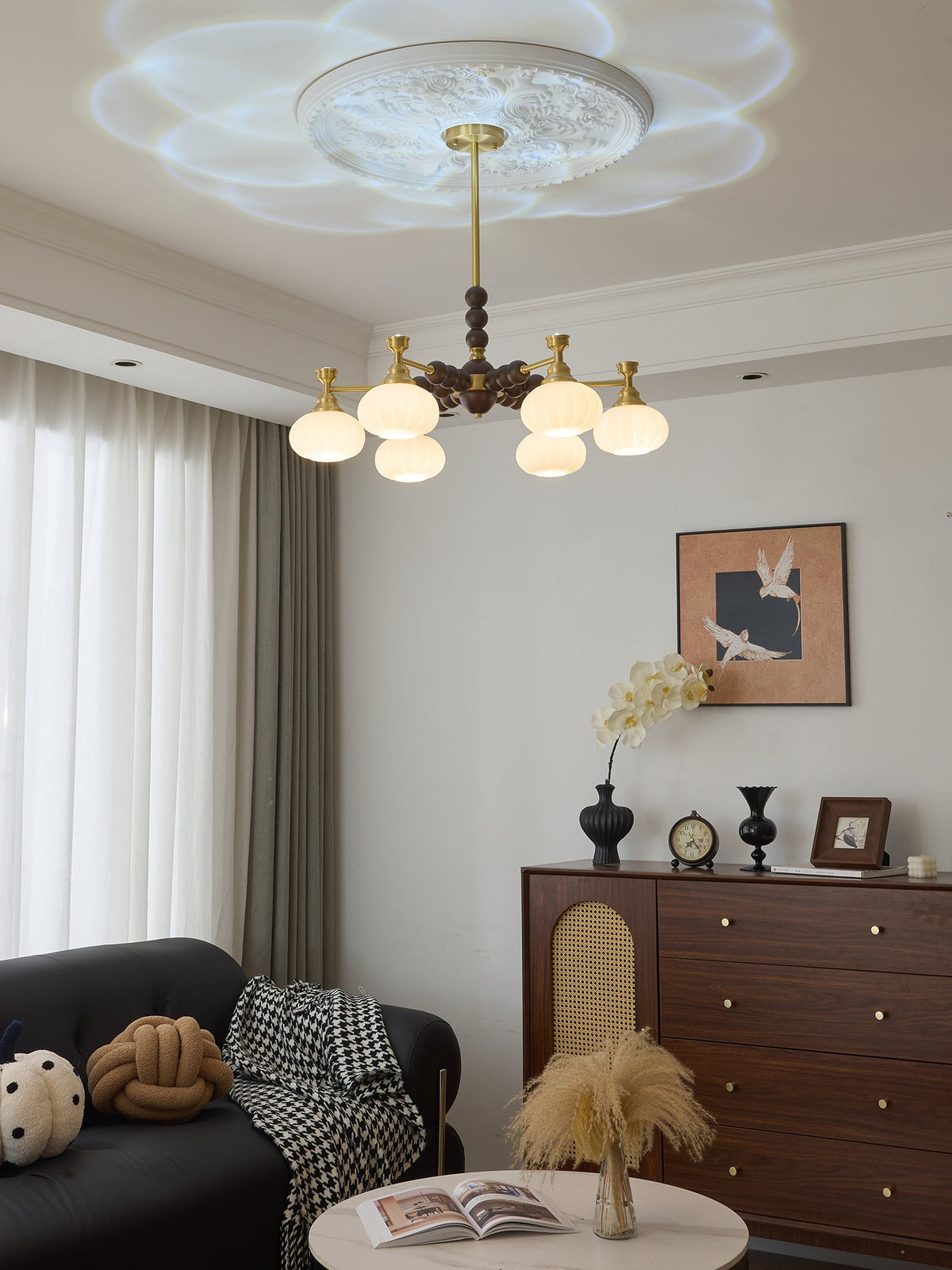 Solviento Modern Brass and Wood Chandelier with Glass Globes