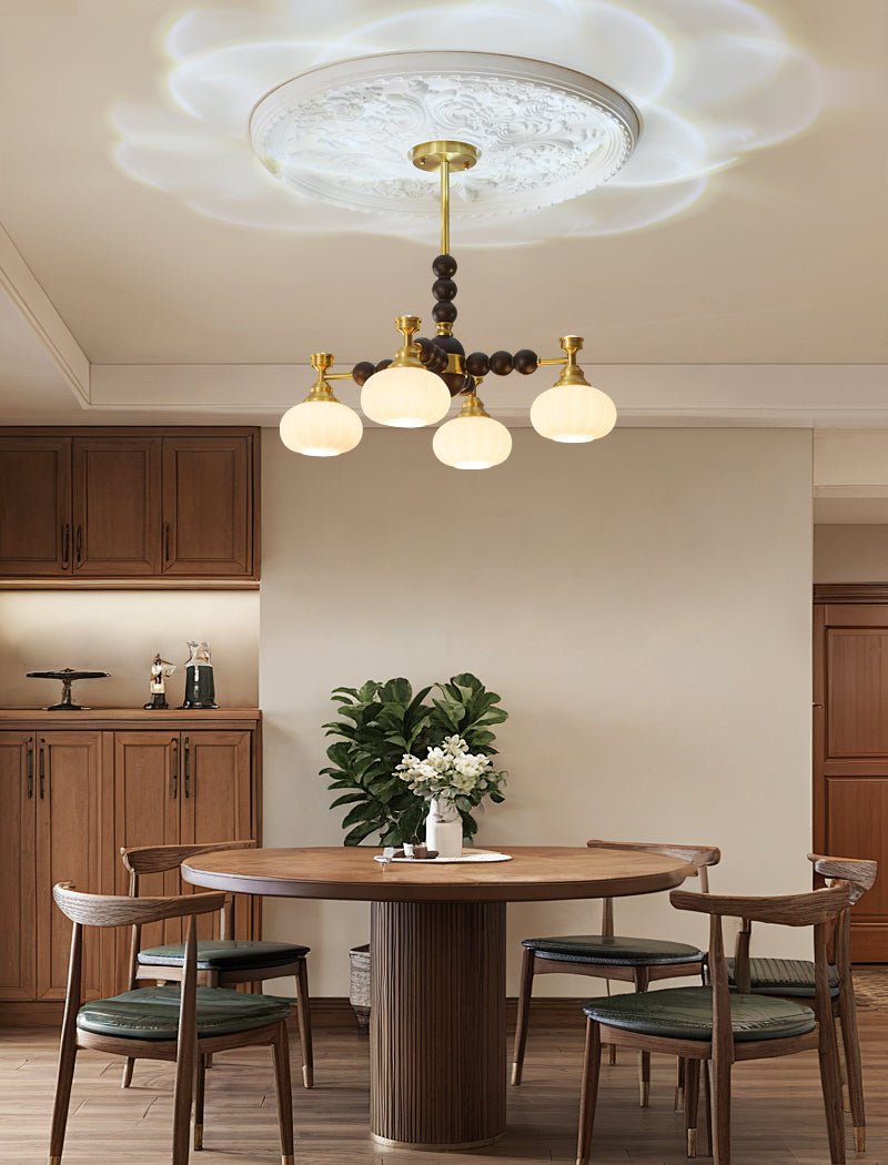 Solviento Modern Brass and Wood Chandelier with Glass Globes