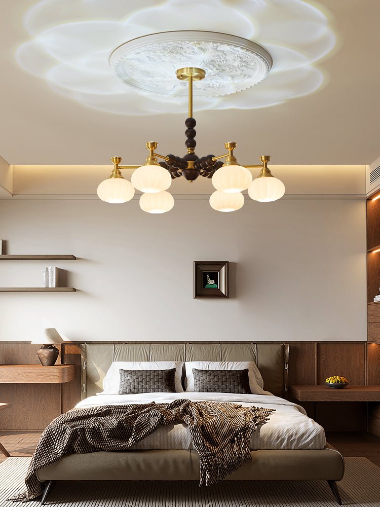 Solviento Modern Brass and Wood Chandelier with Glass Globes