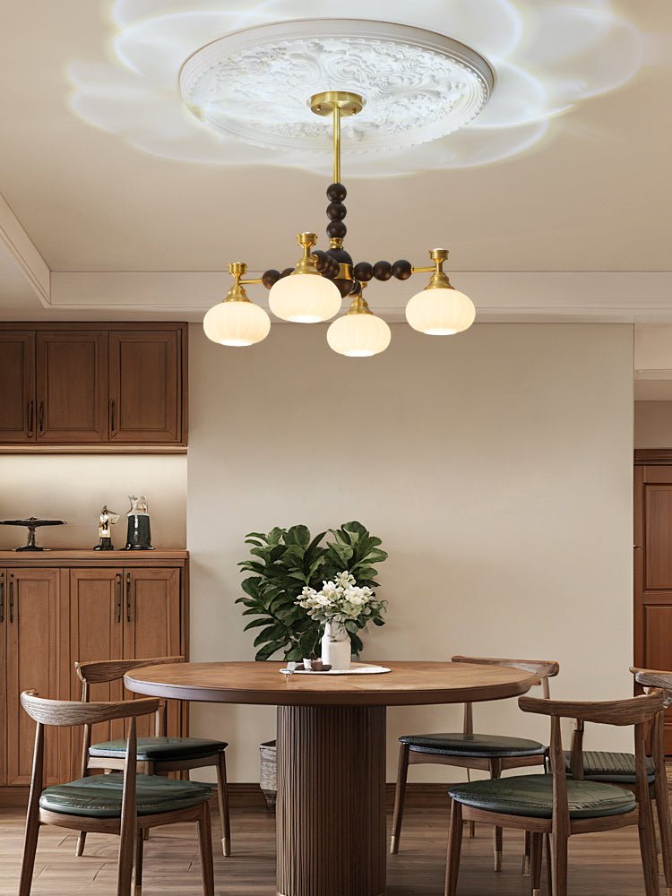 Solviento Modern Brass and Wood Chandelier with Glass Globes