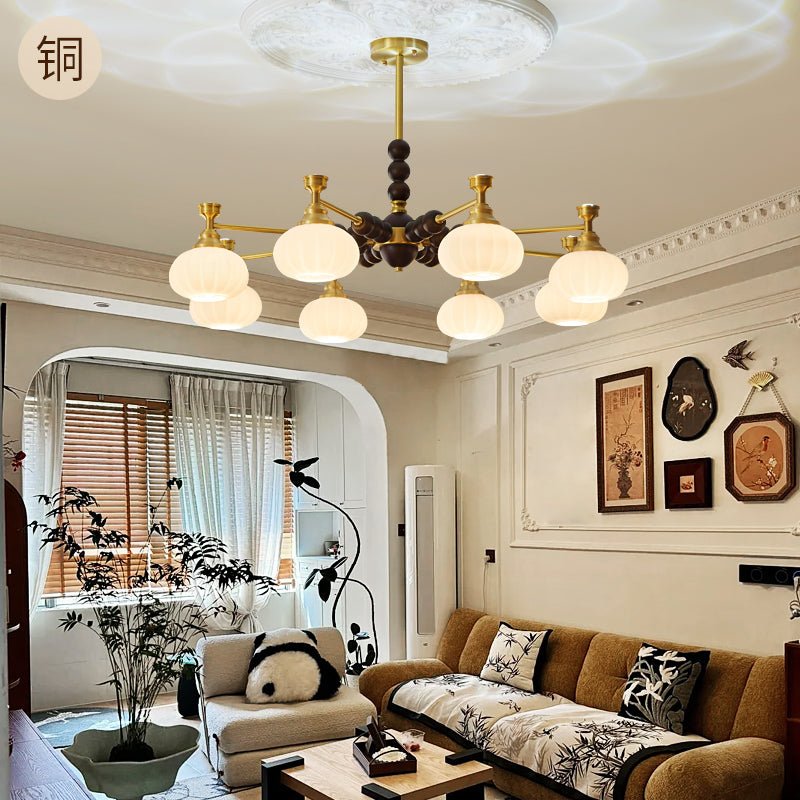 Solviento Modern Brass and Wood Chandelier with Glass Globes