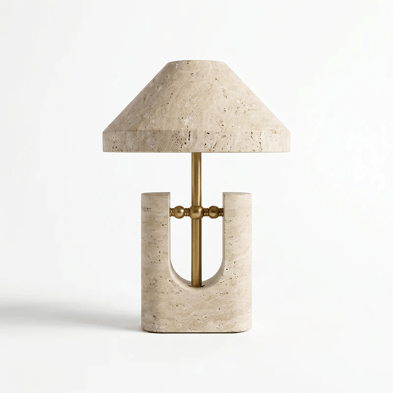 Solvra Sculptural Travertine Table Lamp with Brass Accents