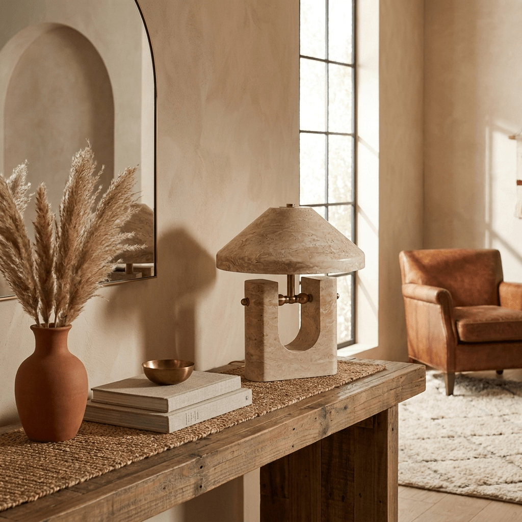 Solvra Sculptural Travertine Table Lamp with Brass Accents
