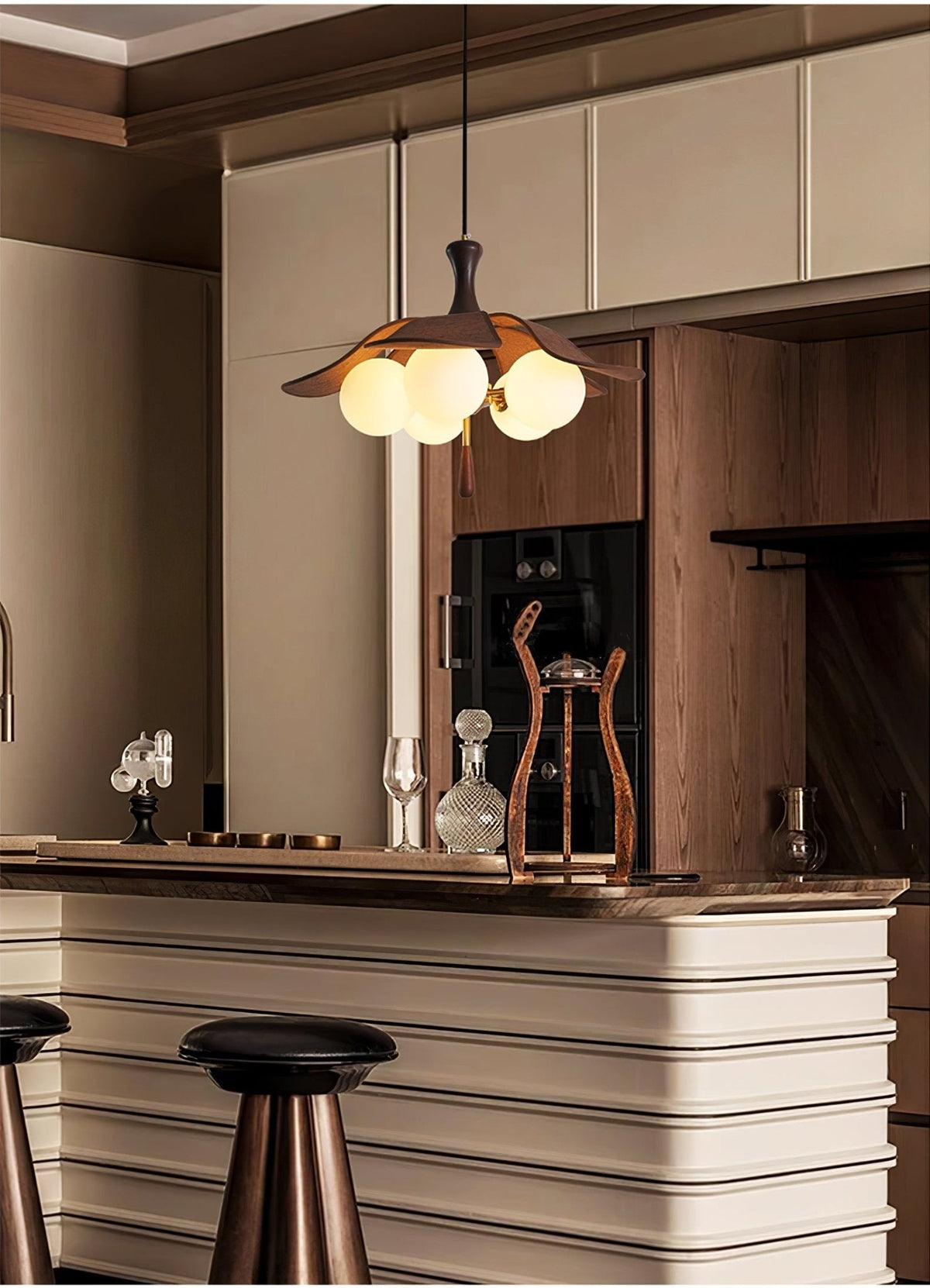 Solyntha Wooden Petal Pendant Light with Glass Orbs for Dining Room