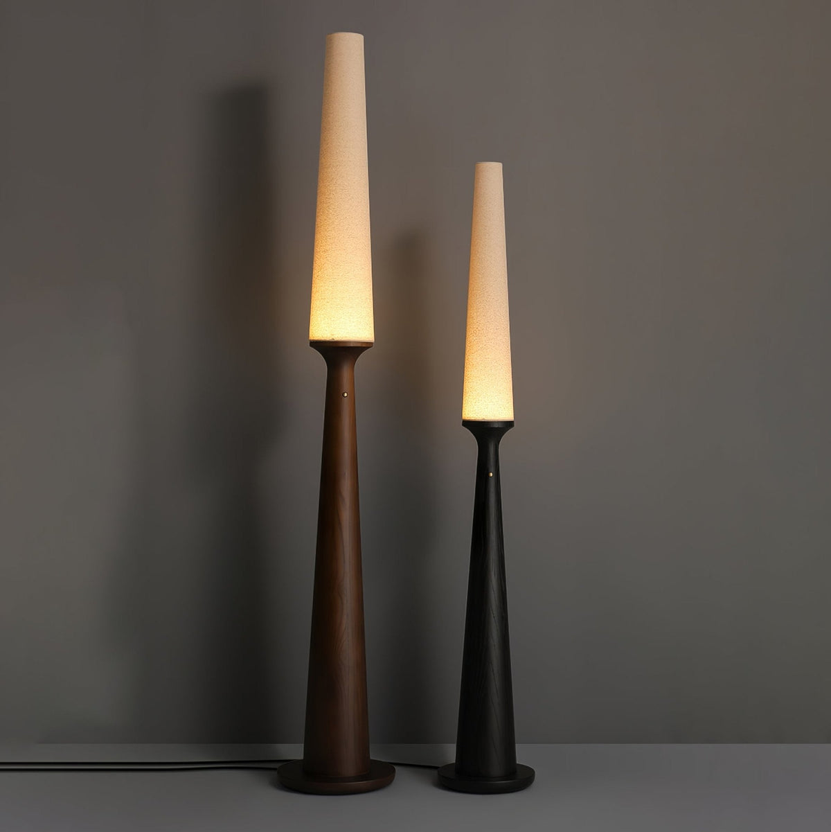 Sora Totem Floor Lamp — Sculptural Solid Wood Base with Fabric Shade
