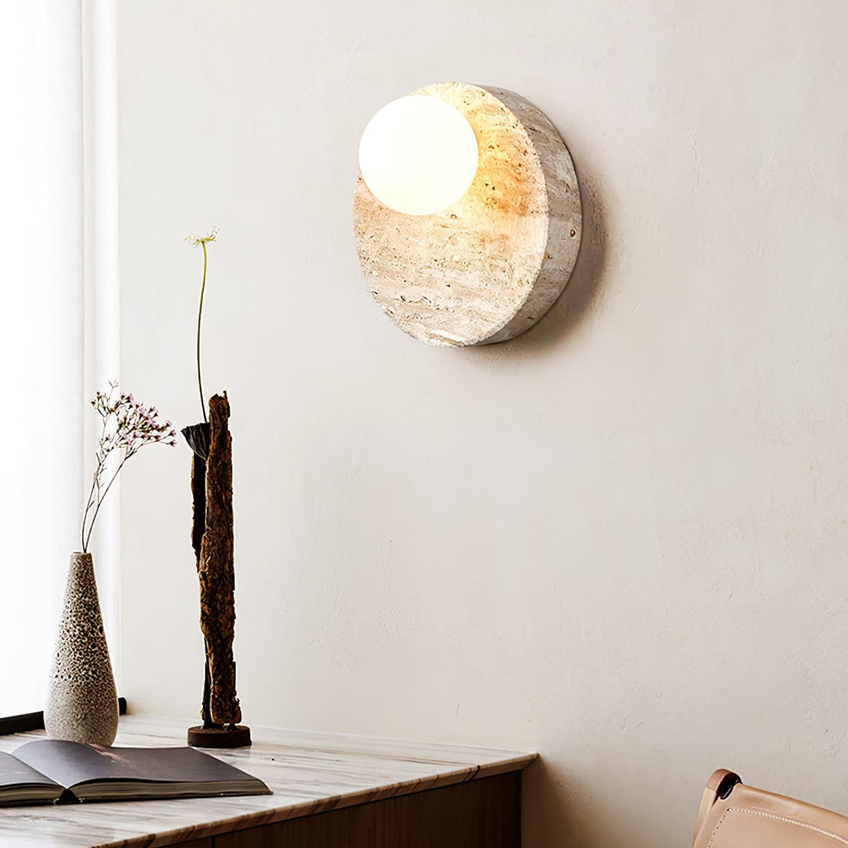 Sorella Travertine Wall Sconce with Opal Glass Globe