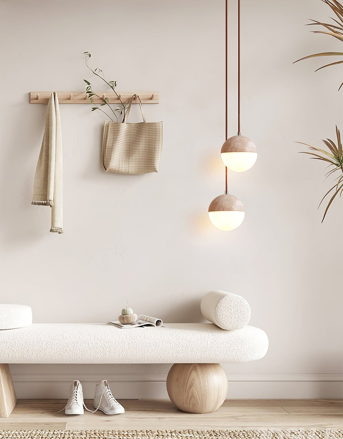 Soren Travertine Pendant Light – Natural Stone & Opal Glass Sphere
