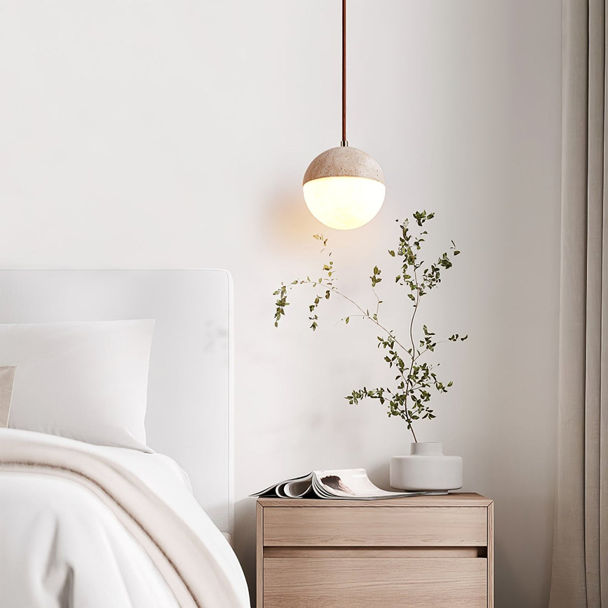 Soren Travertine Pendant Light – Natural Stone & Opal Glass Sphere
