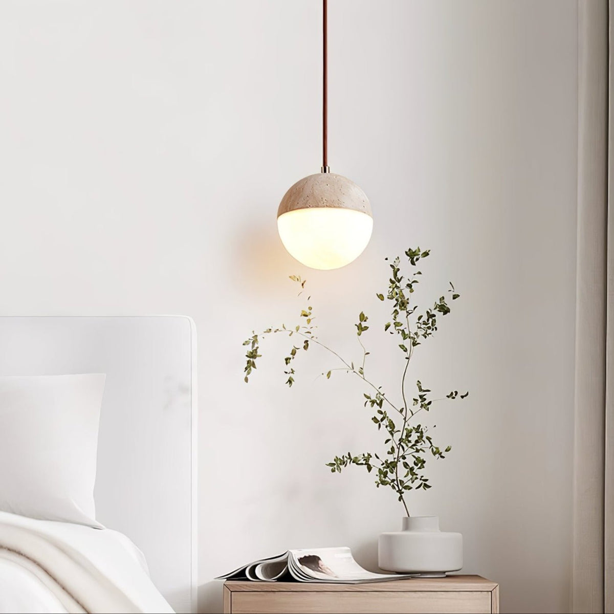Soren Travertine Pendant Light – Natural Stone & Opal Glass Sphere
