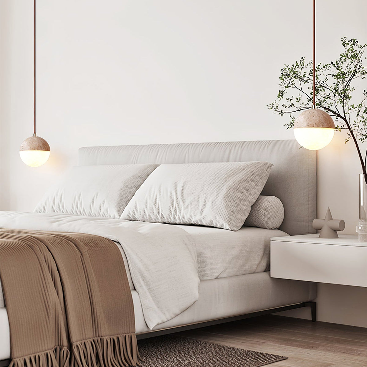 Soren Travertine Pendant Light – Natural Stone & Opal Glass Sphere