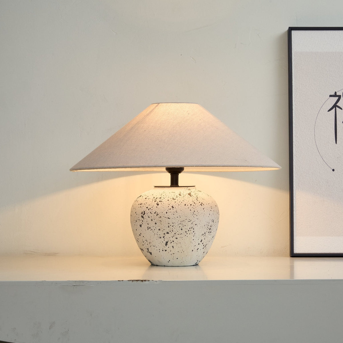 Speckled Ceramic Table Lamp with Fabric Shade for Bedroom & Living Room