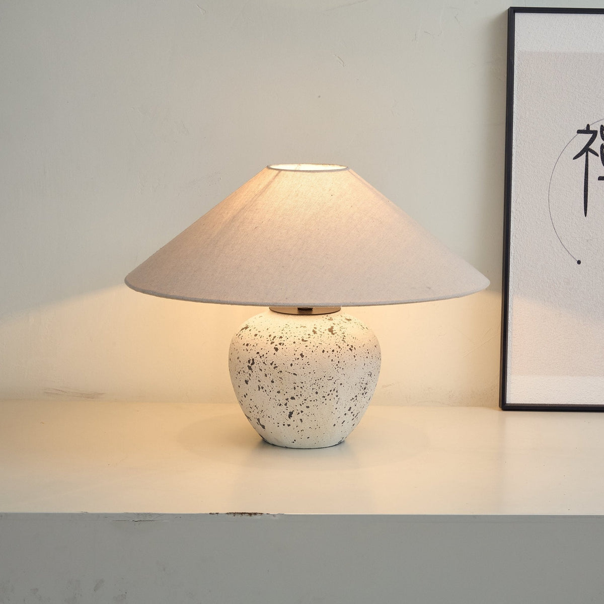 Speckled Ceramic Table Lamp with Fabric Shade for Bedroom & Living Room