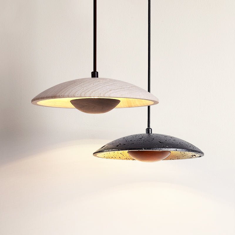 Speckled Travertine Saucer Pendant Light with Walnut Accent