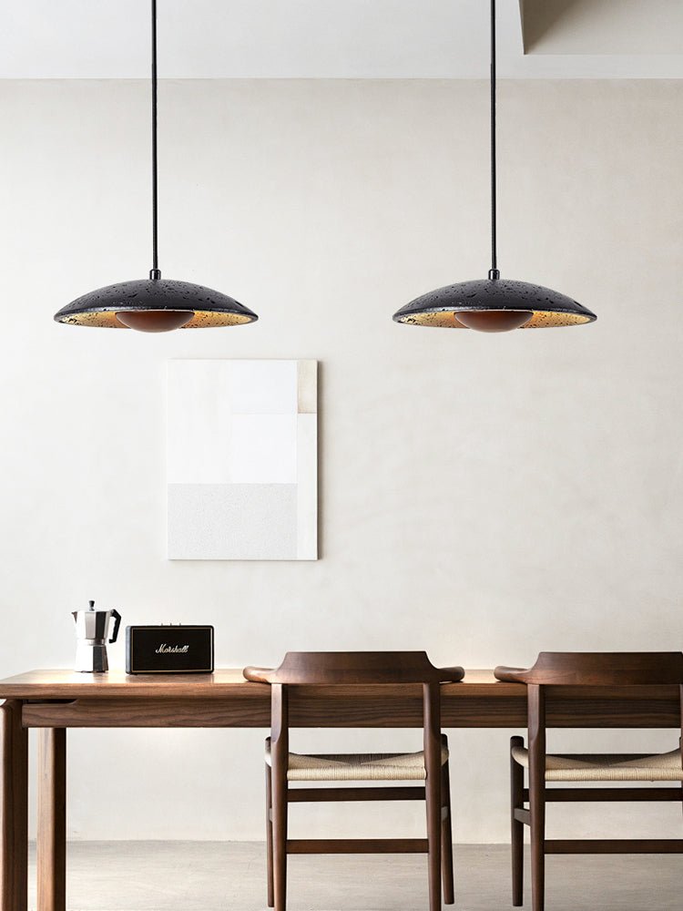 Speckled Travertine Saucer Pendant Light with Walnut Accent
