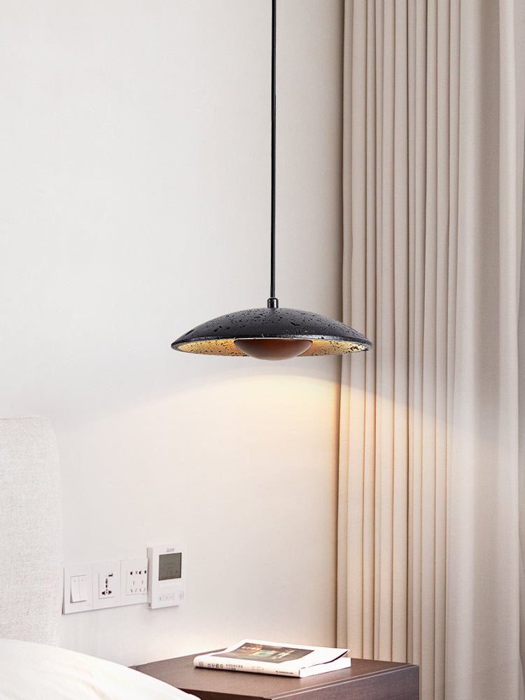 Speckled Travertine Saucer Pendant Light with Walnut Accent