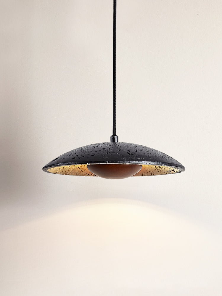 Speckled Travertine Saucer Pendant Light with Walnut Accent