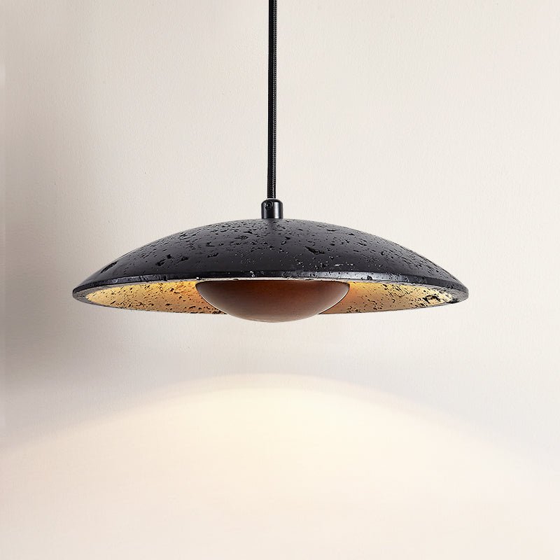 Speckled Travertine Saucer Pendant Light with Walnut Accent