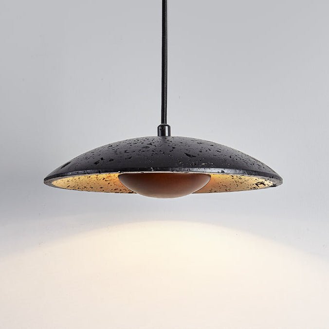 Speckled Travertine Saucer Pendant Light with Walnut Accent