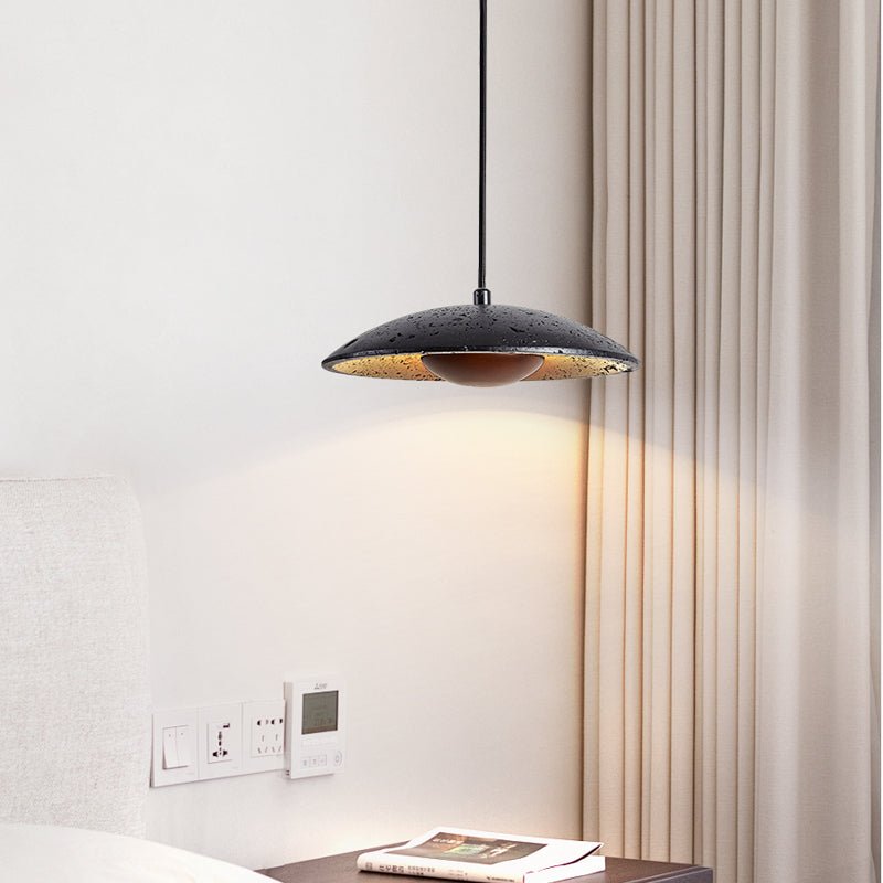 Speckled Travertine Saucer Pendant Light with Walnut Accent