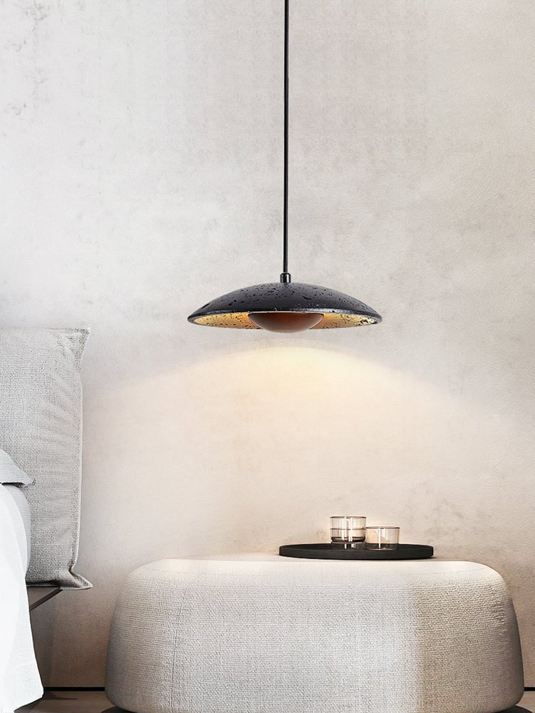 Speckled Travertine Saucer Pendant Light with Walnut Accent