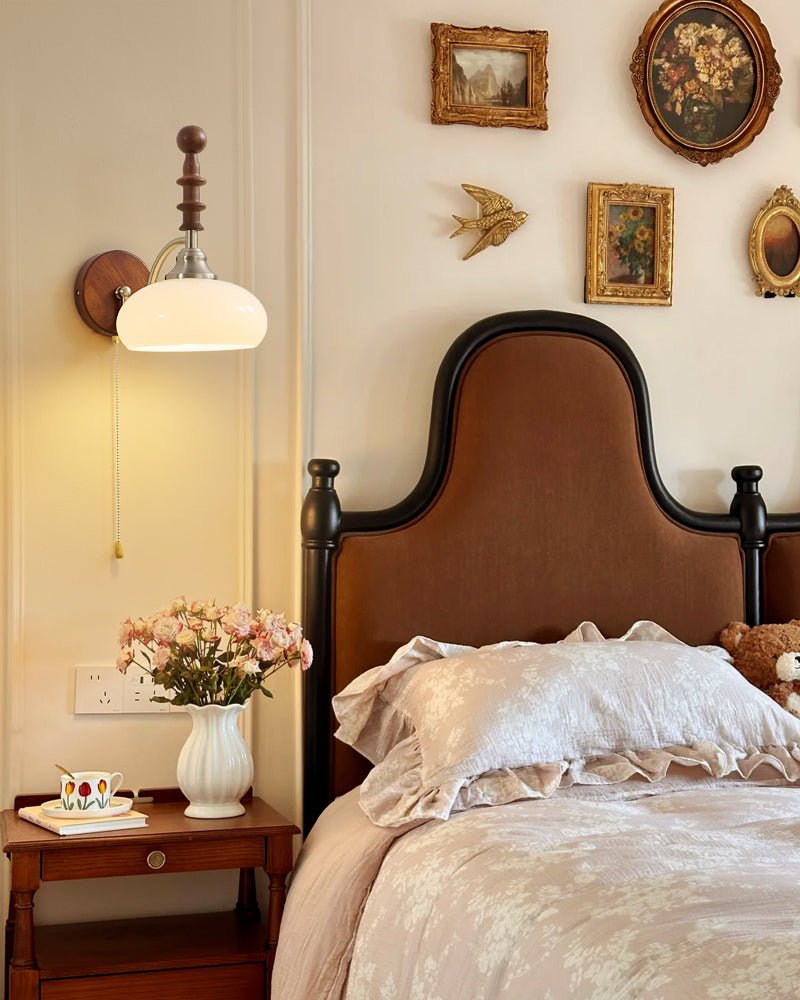 Spindlecrest Wall Sconce with Opal Glass Shade and Walnut Wood Backplate
