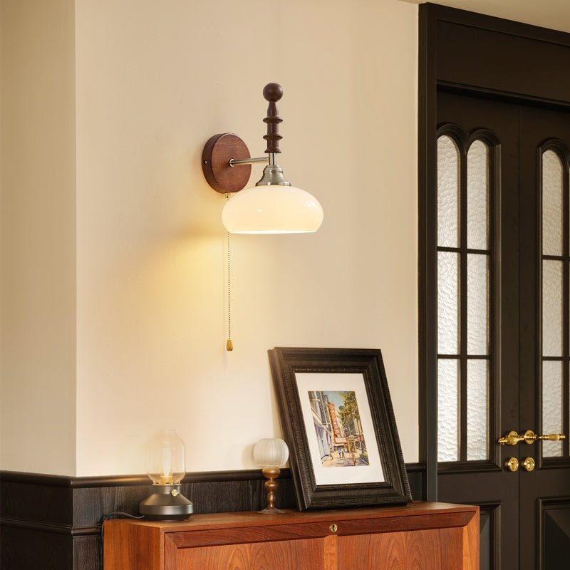 Spindlecrest Wall Sconce with Opal Glass Shade and Walnut Wood Backplate