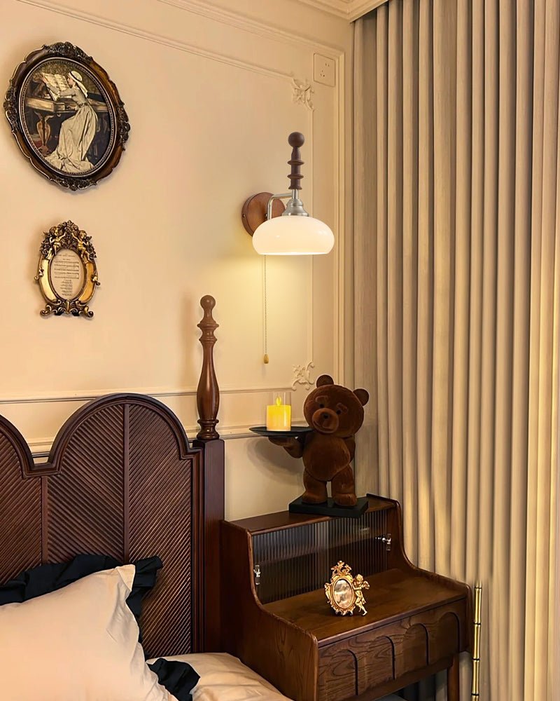 Spindlecrest Wall Sconce with Opal Glass Shade and Walnut Wood Backplate