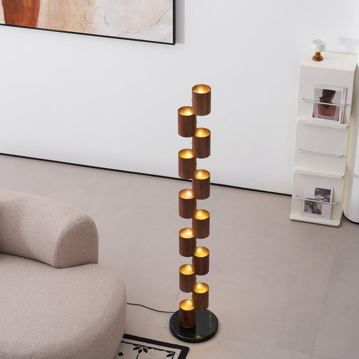 Sculptural Stacked Wood Tower Floor Lamp with Warm Ambient LED Glow
