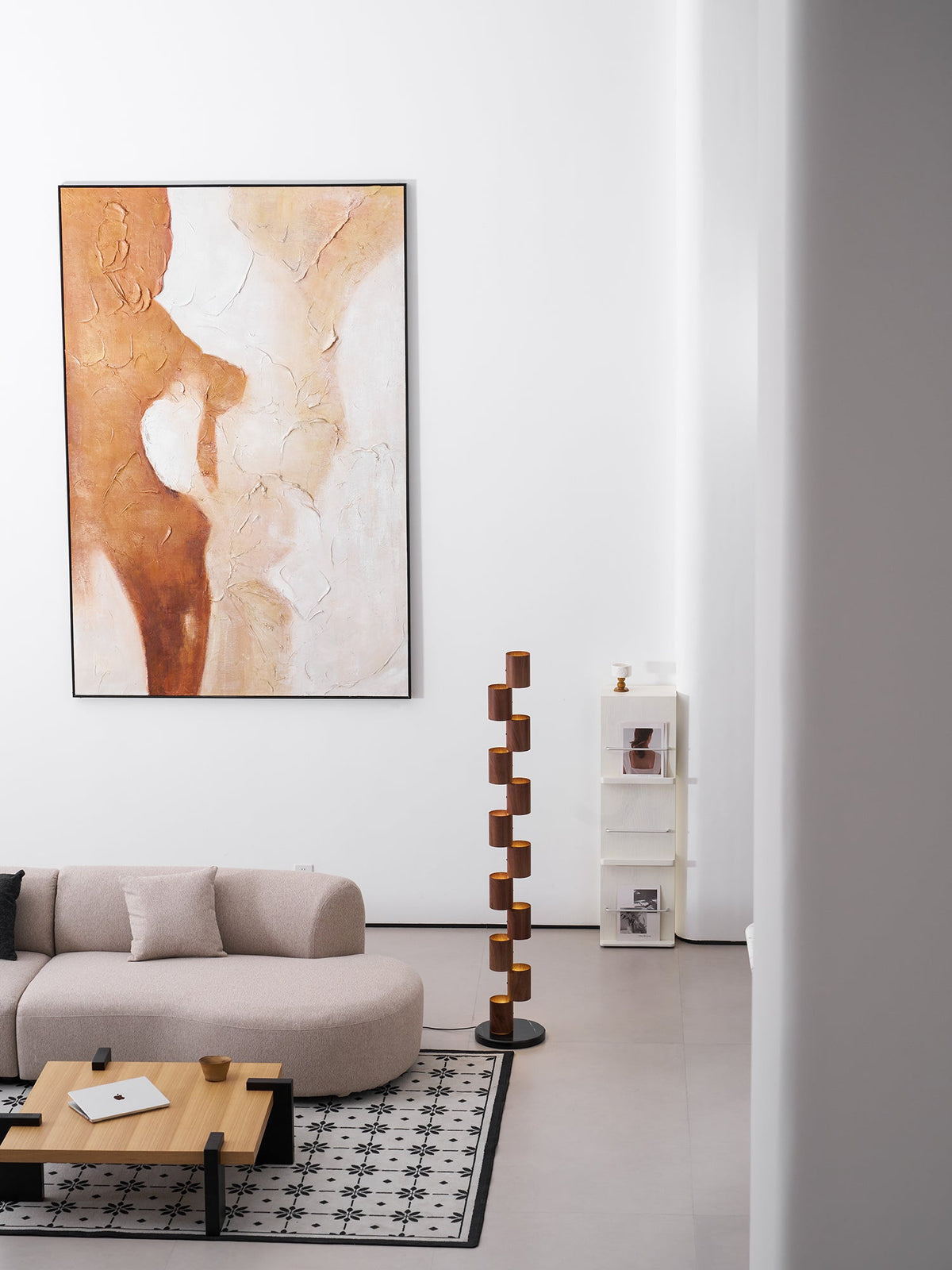 Sculptural Stacked Wood Tower Floor Lamp with Warm Ambient LED Glow