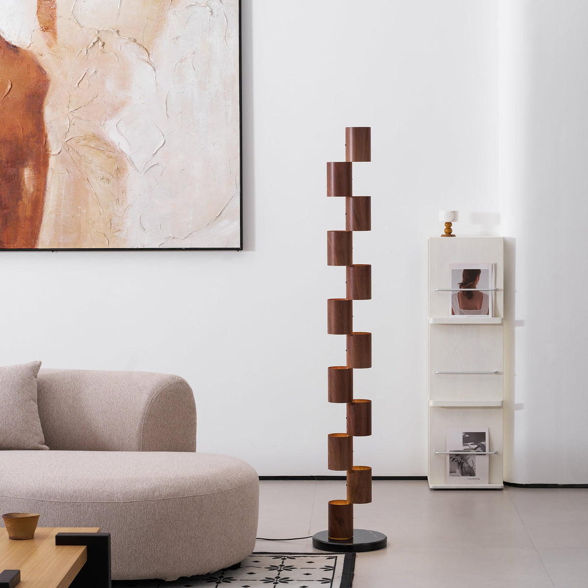 Sculptural Stacked Wood Tower Floor Lamp with Warm Ambient LED Glow