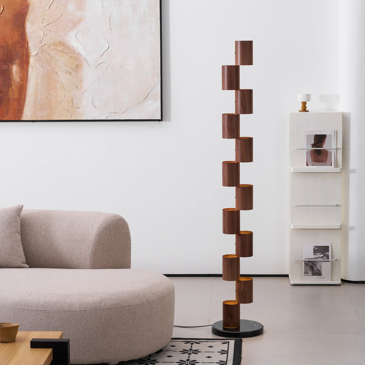 Sculptural Stacked Wood Tower Floor Lamp with Warm Ambient LED Glow