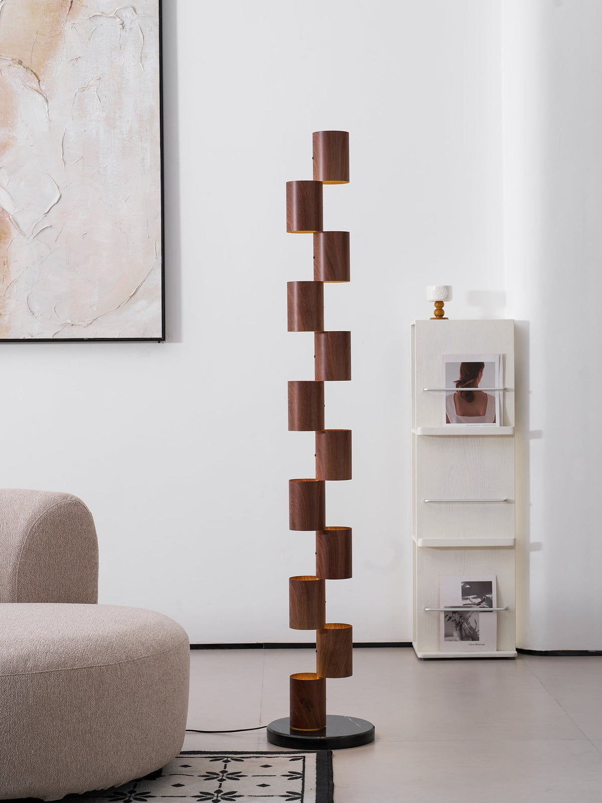 Sculptural Stacked Wood Tower Floor Lamp with Warm Ambient LED Glow