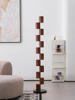 Sculptural Stacked Wood Tower Floor Lamp with Warm Ambient LED Glow