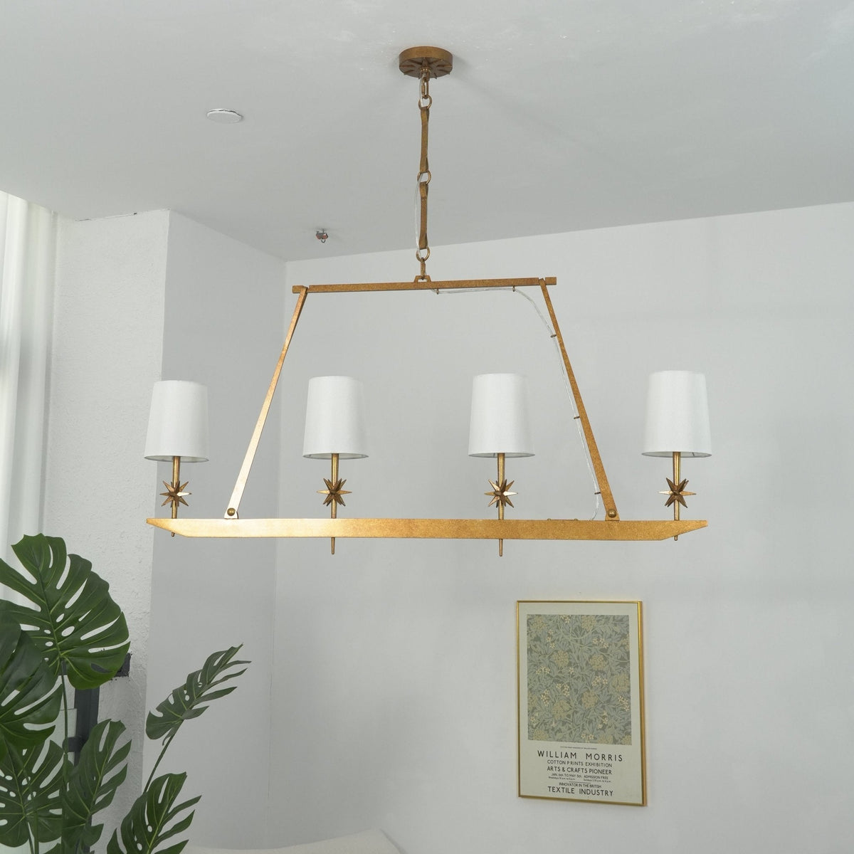 Stellar Frame Linear Chandelier in Brass with Fabric Shades