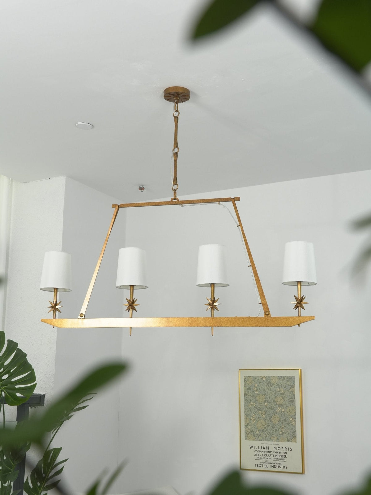Stellar Frame Linear Chandelier in Brass with Fabric Shades