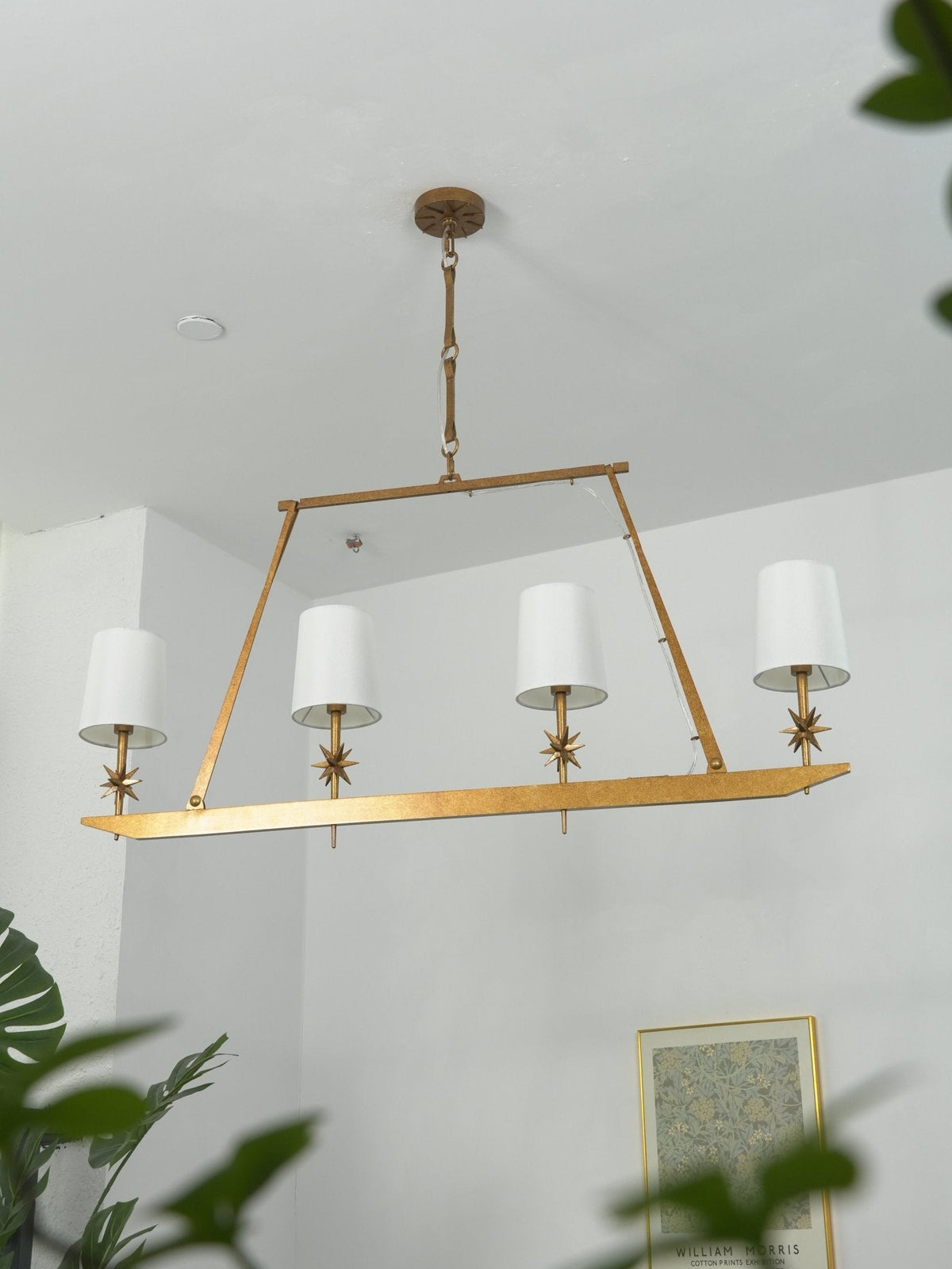 Stellar Frame Linear Chandelier in Brass with Fabric Shades