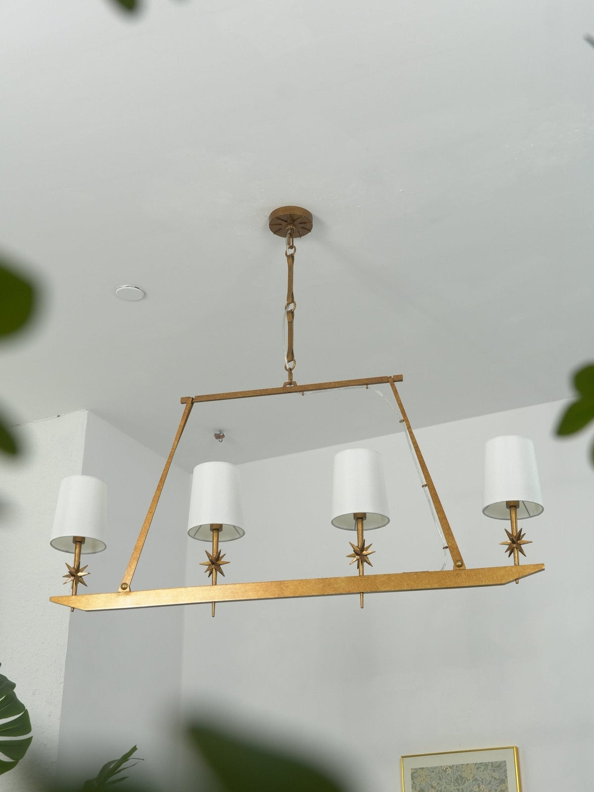 Stellar Frame Linear Chandelier in Brass with Fabric Shades