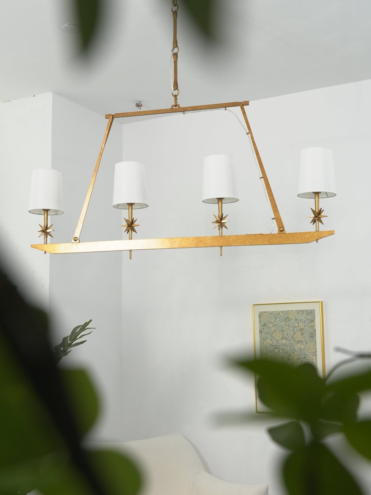 Stellar Frame Linear Chandelier in Brass with Fabric Shades