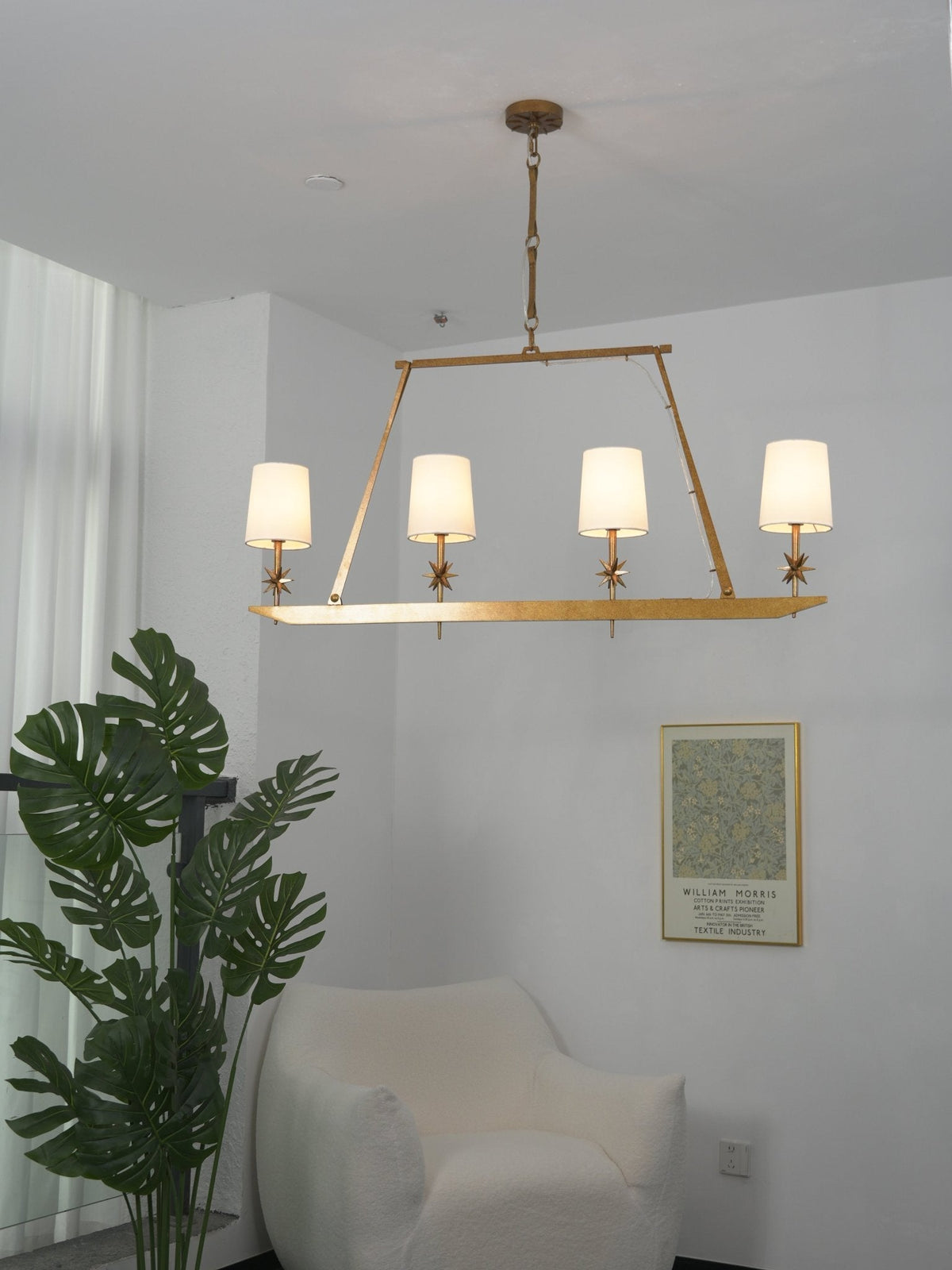 Stellar Frame Linear Chandelier in Brass with Fabric Shades