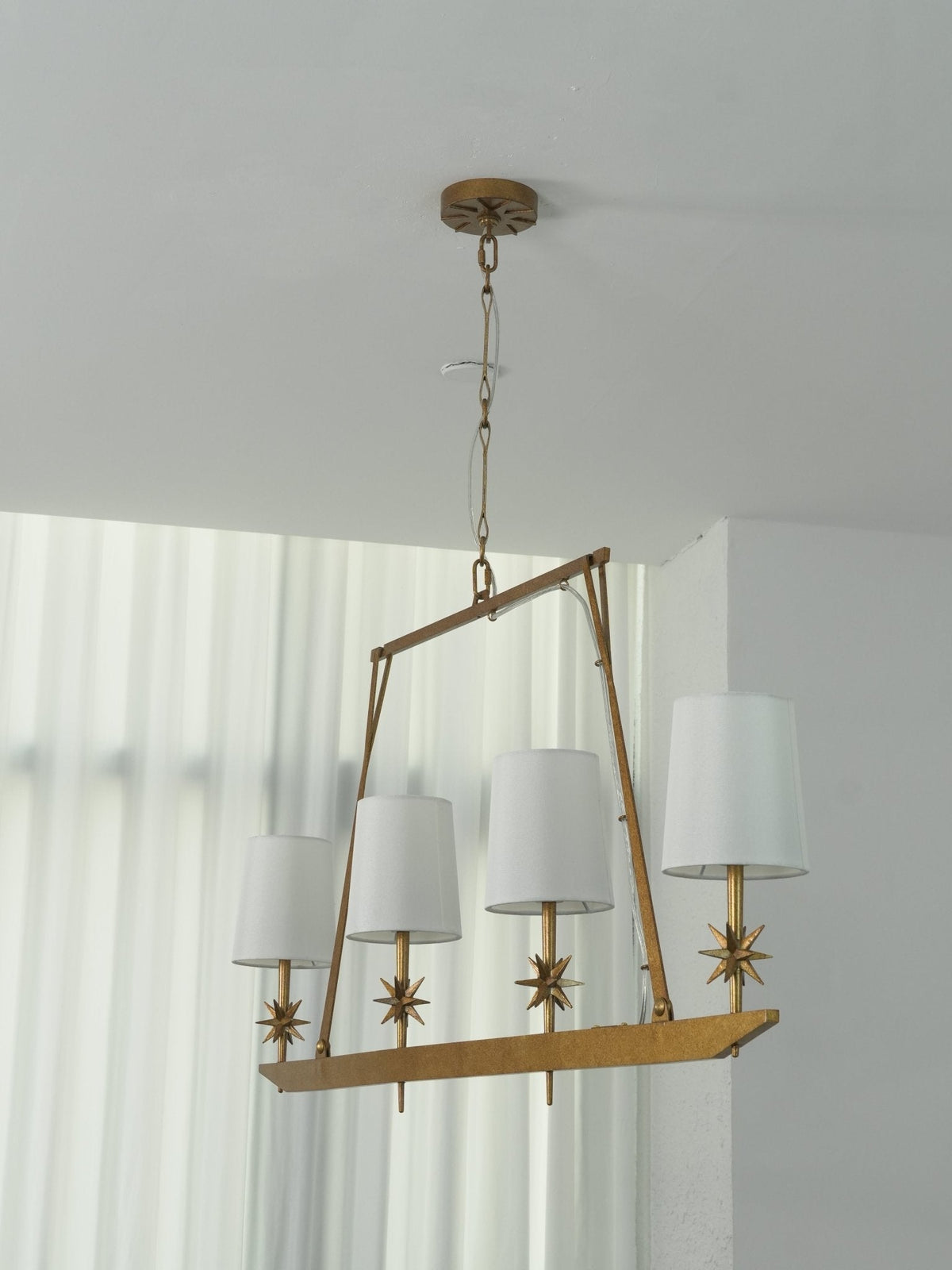 Stellar Frame Linear Chandelier in Brass with Fabric Shades