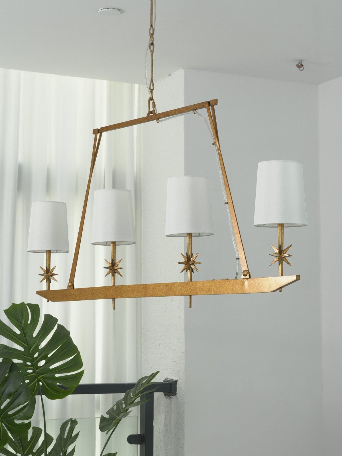 Stellar Frame Linear Chandelier in Brass with Fabric Shades