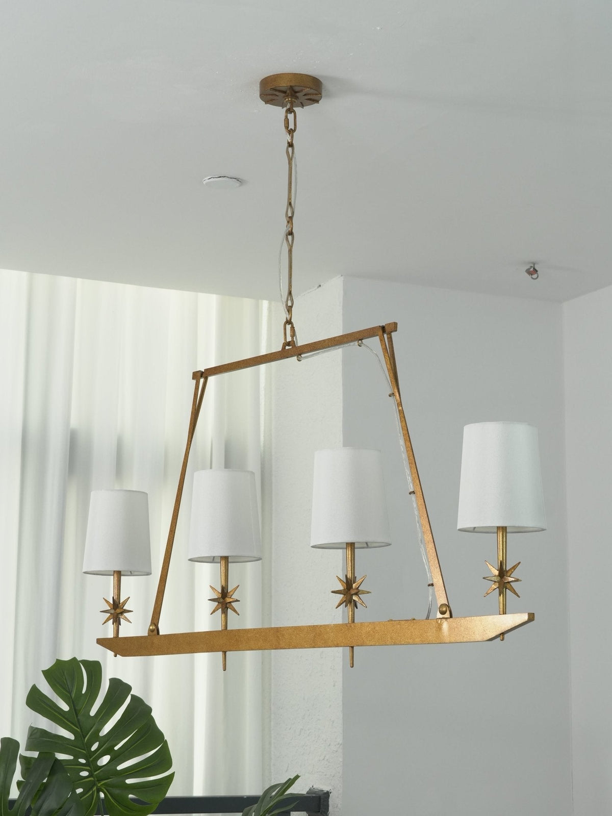 Stellar Frame Linear Chandelier in Brass with Fabric Shades