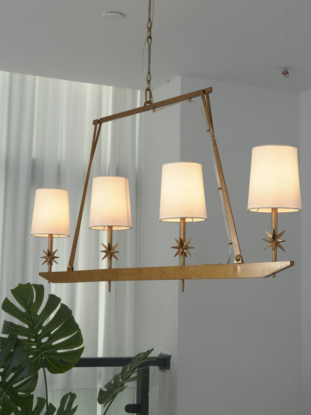 Stellar Frame Linear Chandelier in Brass with Fabric Shades