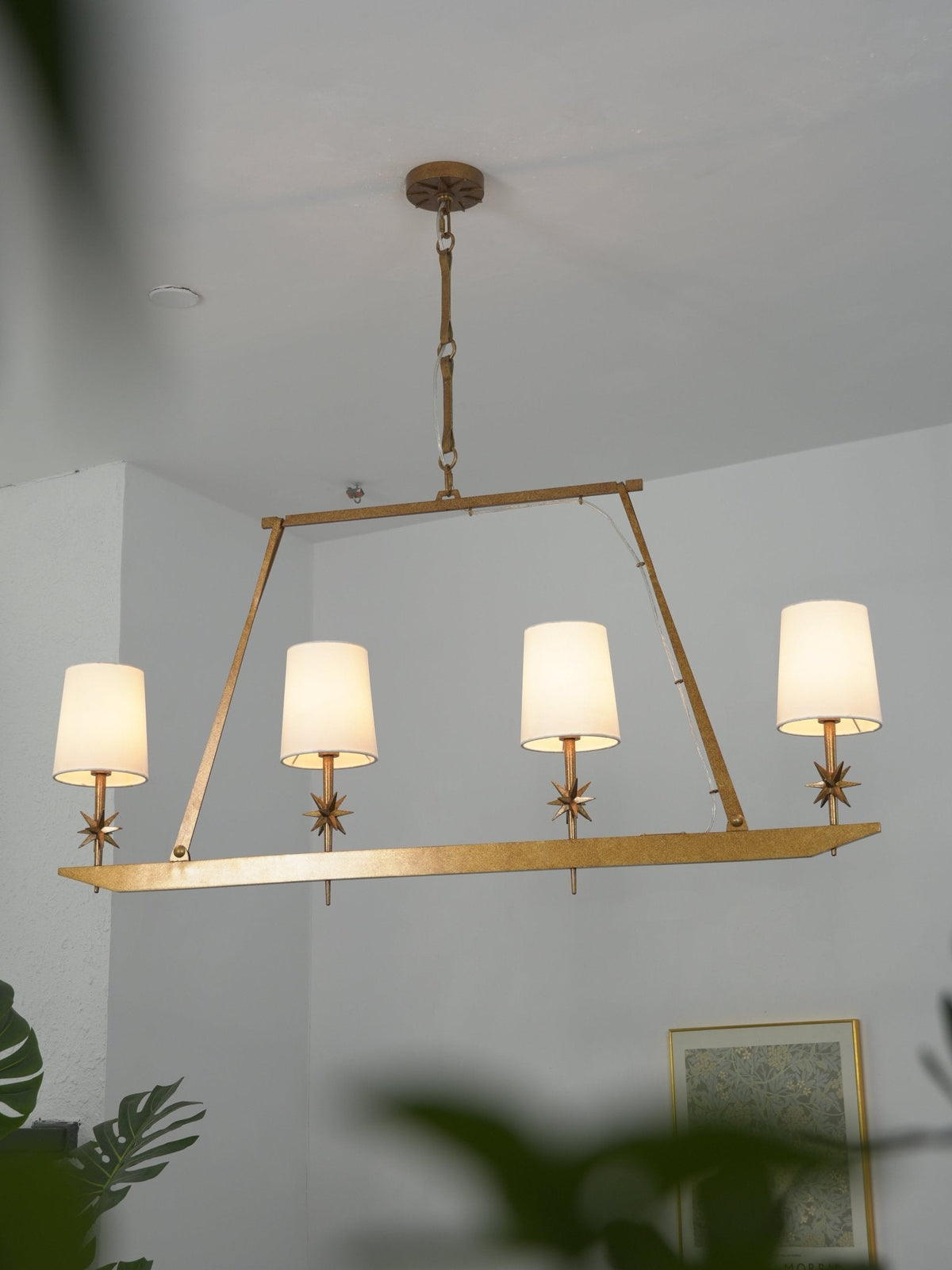Stellar Frame Linear Chandelier in Brass with Fabric Shades